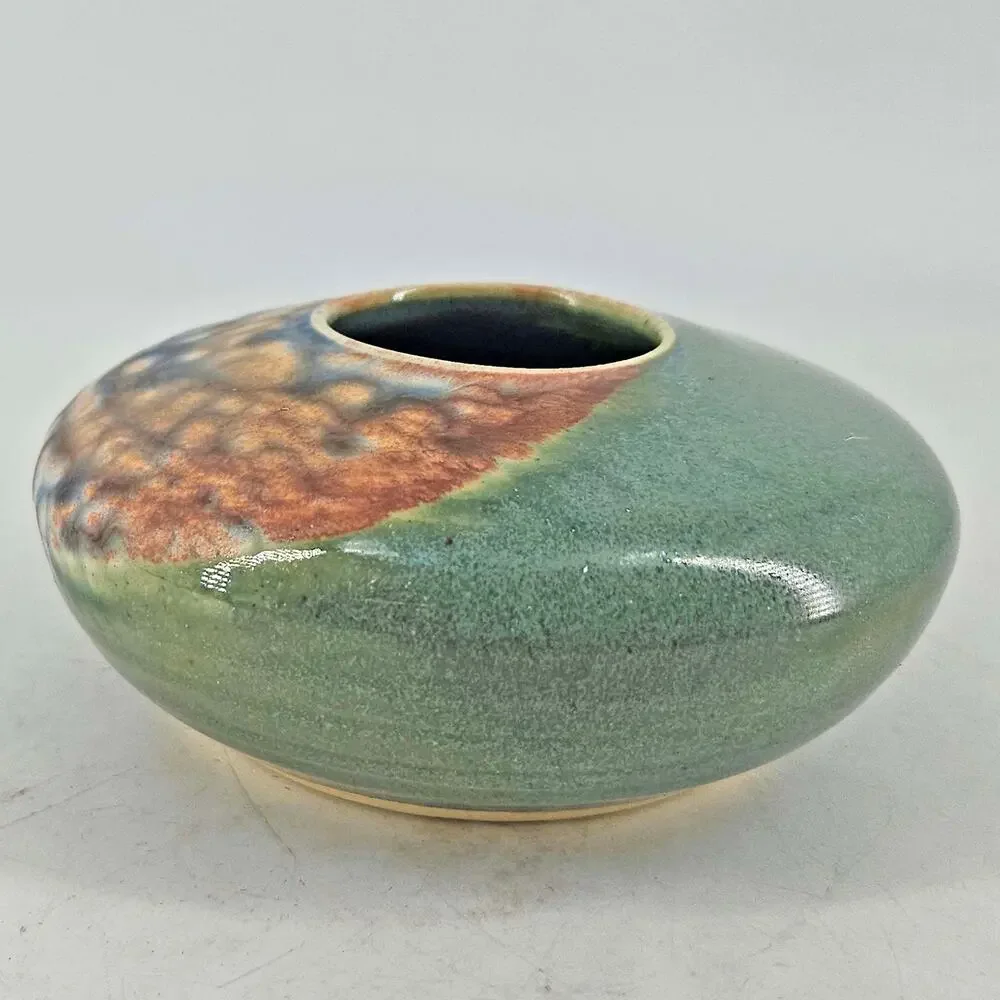 Ikebana Studio Art Pottery w Flower Frog Vase Bowl jade green Signed